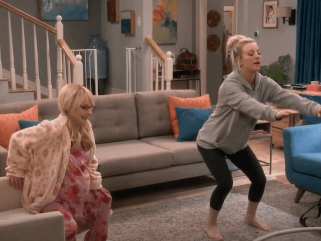 Screenshot of a scene from Big Bang Theory, with Penny swatting and Bernadette getting up from a chair.