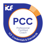 Round circle badge logo with blue rim and a thin orange inner rim. Blue letters state: "PCC Professional Certified Coach. ICF Credentials & Standards."