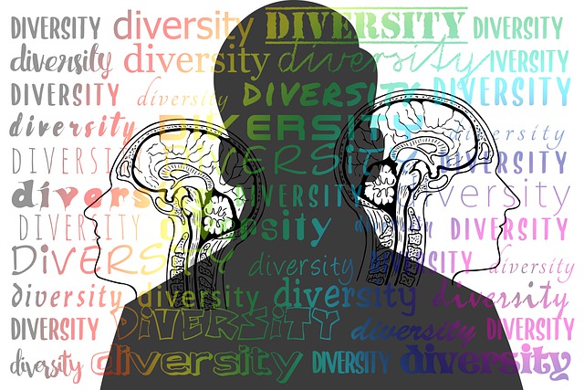 Drawing of a silhouette of a person, with the word "diversity" printed all over the screen in different fonts and colours.