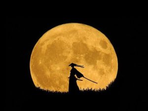 Silhouette of a person with a sword in front of an orange moon.