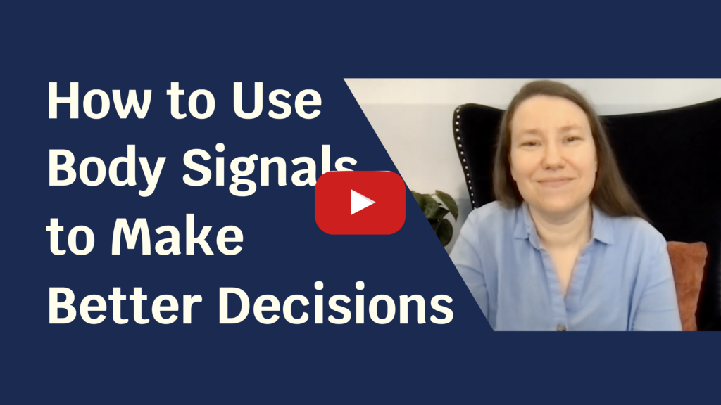 Blue solid foreground with text "How to Use Body Signals to Make Better Decisions" and to the side a picture of a pale skinned woman in a blue shirt smiling at the camera.