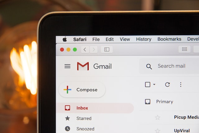 Close-up of the top of a computer screen, opened to Gmail.