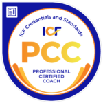 Round circle badge logo with bright blue rim. Orange and yellow lettering state: "PCC Professional Certified Coach."