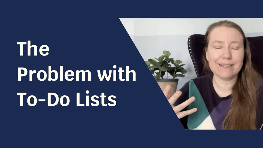 Blue solid foreground with text "The Problem with To-Do Lists" and to the side a picture of a pale skinned woman in a checkered shirt.