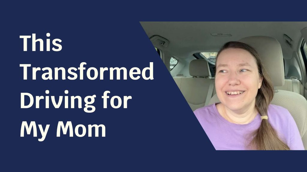 Blue solid foreground with text "This Transformed Driving for My Mom" and to the side a picture of a pale skinned woman in a purple shirt.