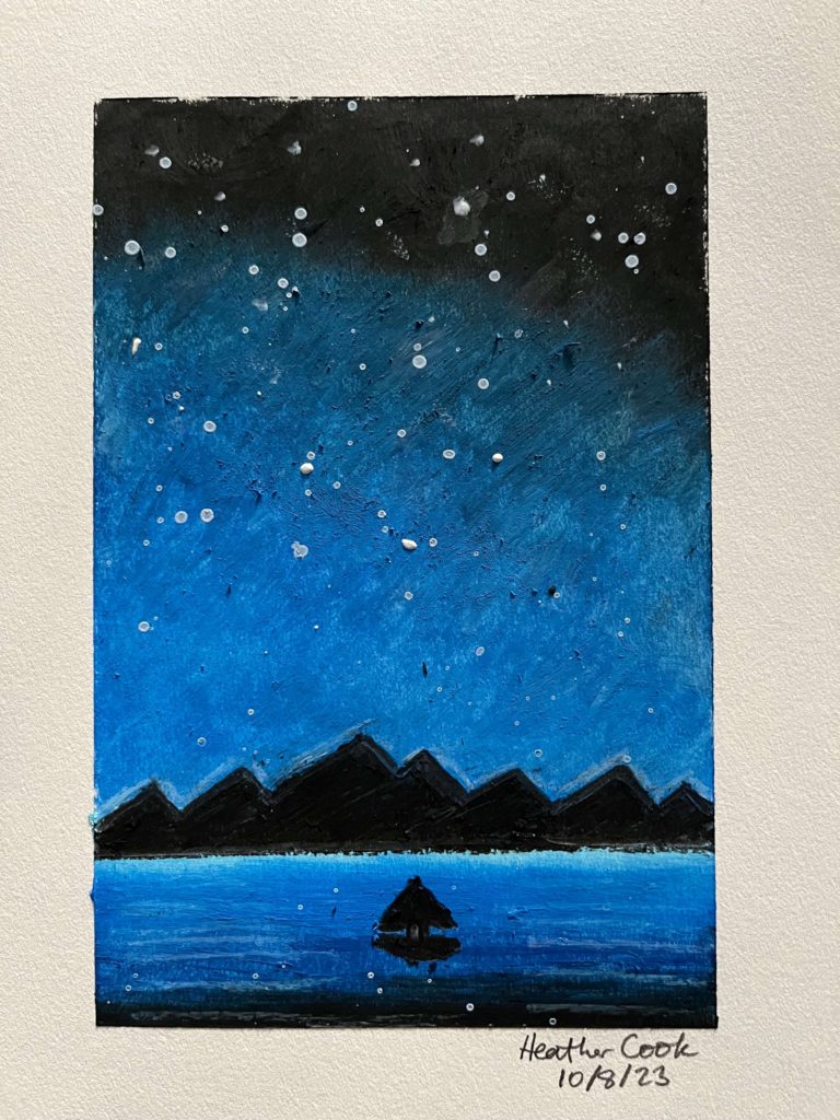 Oil painting of a boat in front of mountains on a starry night.