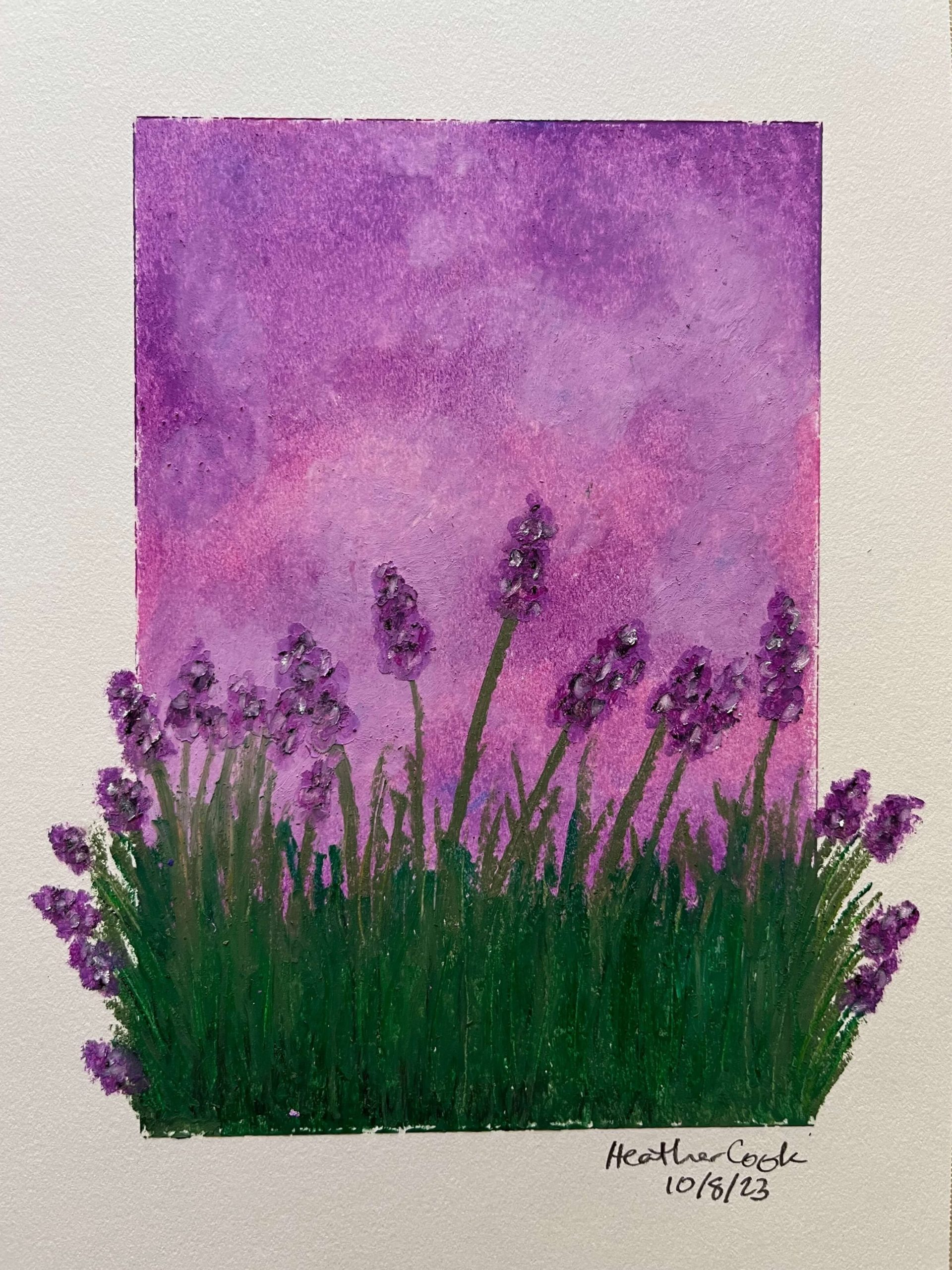 Purple oil painting of a bunch of lavender flowers.