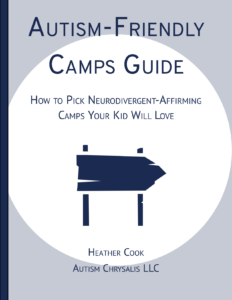 Gray and dark blue book cover that reads "Autism-Friendly Camps Guide" in a white circle with a dark blue wooden sign pointing to the right.