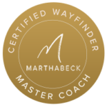 Golden circle with the words "Certified Wayfinder" written on a curve at the top, "Master Coach" written on a curve at the bottom, and "Marthabeck" written in the middle with a M above it.