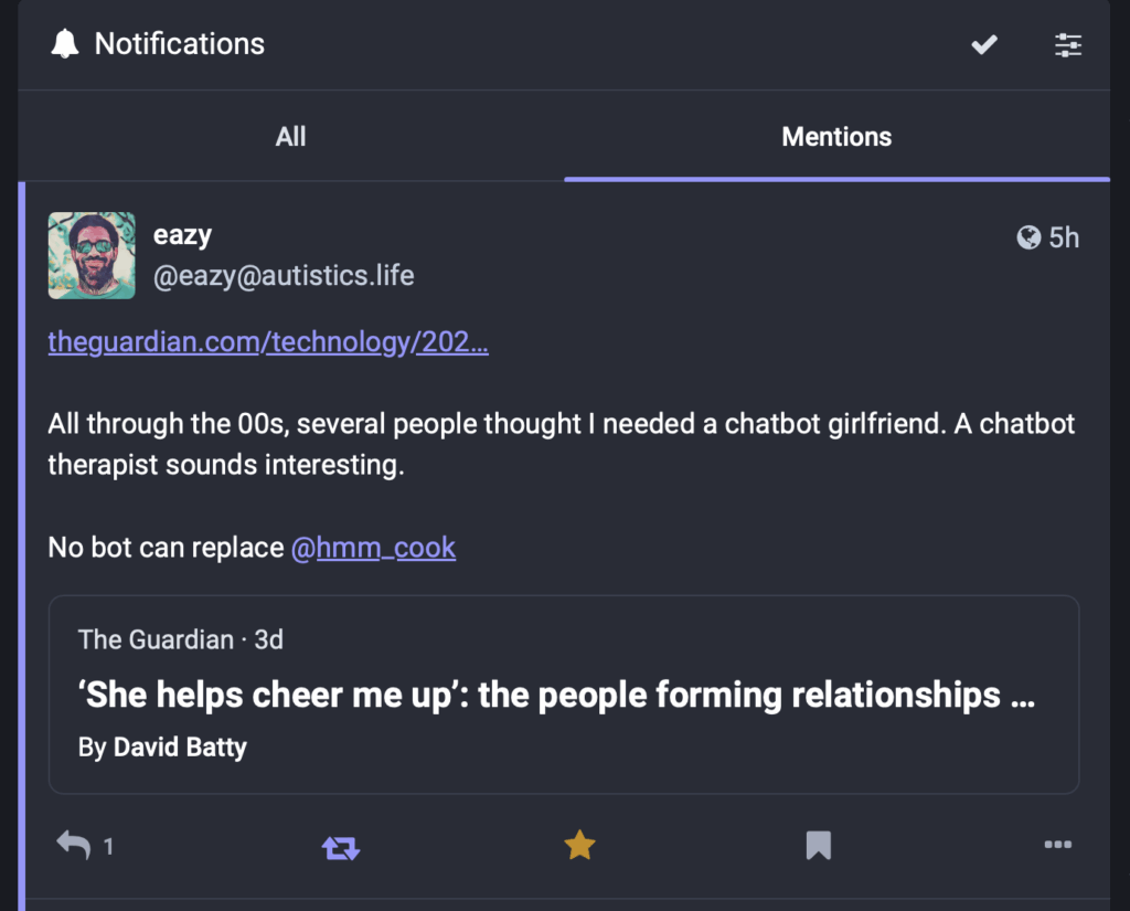 Screenshot of Mastadon comment: "All through the 00s, several people thought I needed a chatbot girlfriend. A chatbot therapist sounds interesting. No bot can replace @hmm_cook"