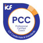 Round circle badge logo with blue rim and a thin orange inner rim. Blue letters state: "PCC Professional Certified Coach. ICF Credentials & Standards."