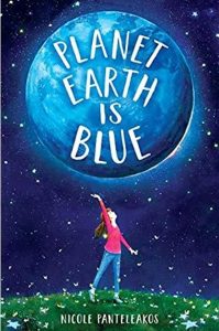 A book cover. A child with long hair in a ponytail is standing on grass holding their hand up to a big planet in the sky, with the words "Planet Earth Is Blue" in it. There are stars in the background.