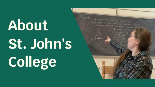 A woman pointing at a chalkboard behind her, surrounded by a green foreground. Text next to her reads: "About St. John's College".