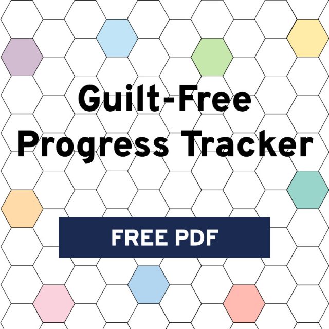 A page full of hexagons, with the words "Guilt-Free Progress Tracker."