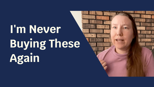 Blue solid foreground with text "I'm Never Buying These Again" and to the side a picture of a woman tugging at their pink shirt with a folded neckline.