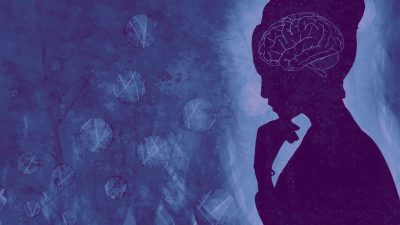 Drawing of a silhouette of a person holding their hand to their chin. There is an outline of a brain within the silhouette, and the background is shades of blue.