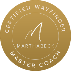 Golden circle with the words "Certified Wayfinder" written on a curve at the top, "Master Coach" written on a curve at the bottom, and "Marthabeck" written in the middle with a M above it.
