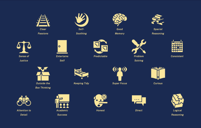 A list of strengths written out with simplistic yellow drawings above them. They are as listed "clear passions, self-soothing, good memory, special reasoning, sense of justice, entertains self, predictable, problem solving, consistent, outside the box thinking, keeping tidy, super focus, curious, attention to detail, academic success, honest, direct, logical reasoning."