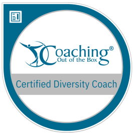 Round circle badge logo with cyan rim. Cyan lettering state: "Coaching Out of the Box, Certified Diversity Coach".