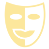 Yellow graphic of a theatre mask with one side filled in and the other empty.