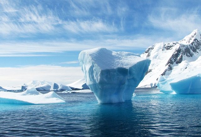 Landscape of arctic sea. There's icebergs in it and a snowy mountain in the distance.