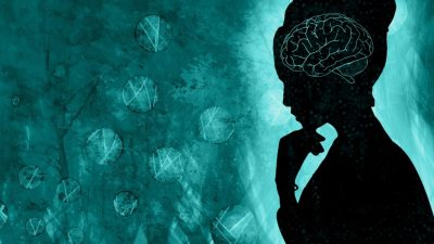 Drawing of a silhouette of a person holding their hand to their chin. There is an outline of a brain within the silhouette, and the background is shades of cyan.