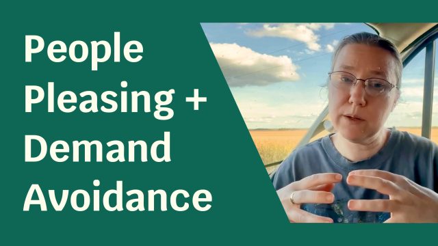 A woman holding her hands in front of her, surrounded by a green foreground. Text next to her reads: "People Pleasing Plus Demand Avoidance".